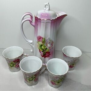 Antique Nippon Pitcher 4 Tea Coffee Cups Hand-painted Pink White Roses Preloved